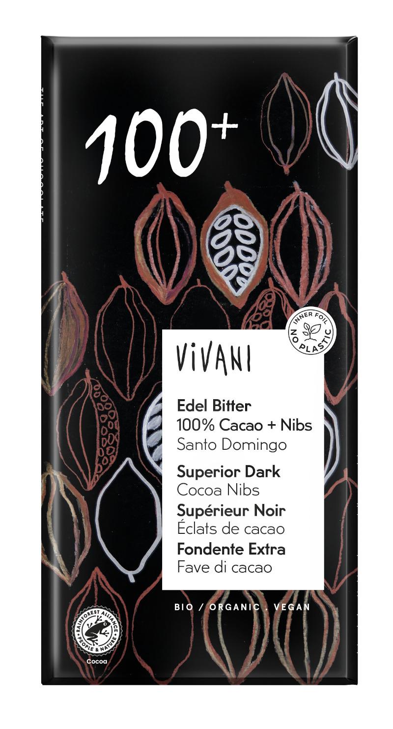 Tafelschokolade Ædel Bitter 100% Cacao + Nibs vegan Økologisk Vivani 10x80g